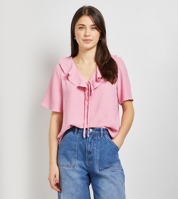 Ruffle Neck Short Sleeves Top