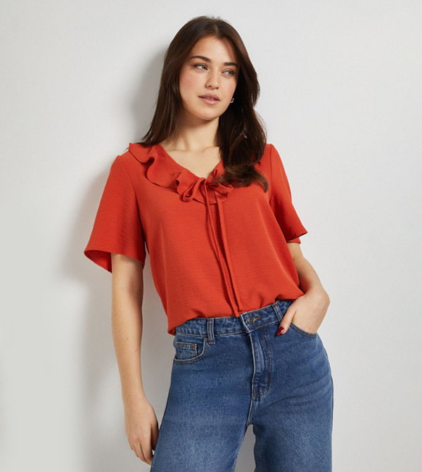 Ruffle Neck Short Sleeves Top