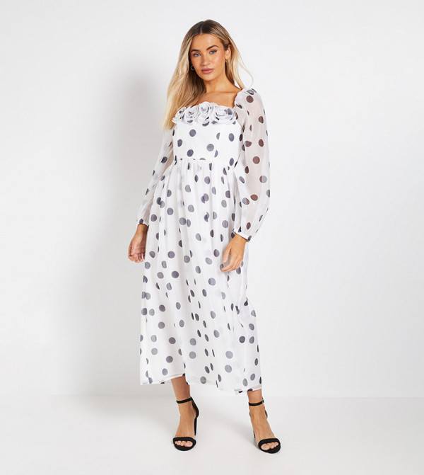 Polka Dots Dp Luxe Detail Square Neck Oranza Midi Dress