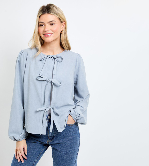 Tie Front Blouson Sleeves Top
