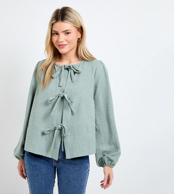 Tie Front Blouson Sleeves Top