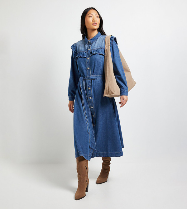 Petite Frill Yoke Midi Denim Dress