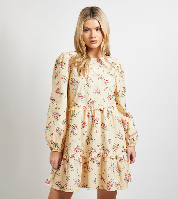 فستان ميني بوبلين بطبعة وطبقات