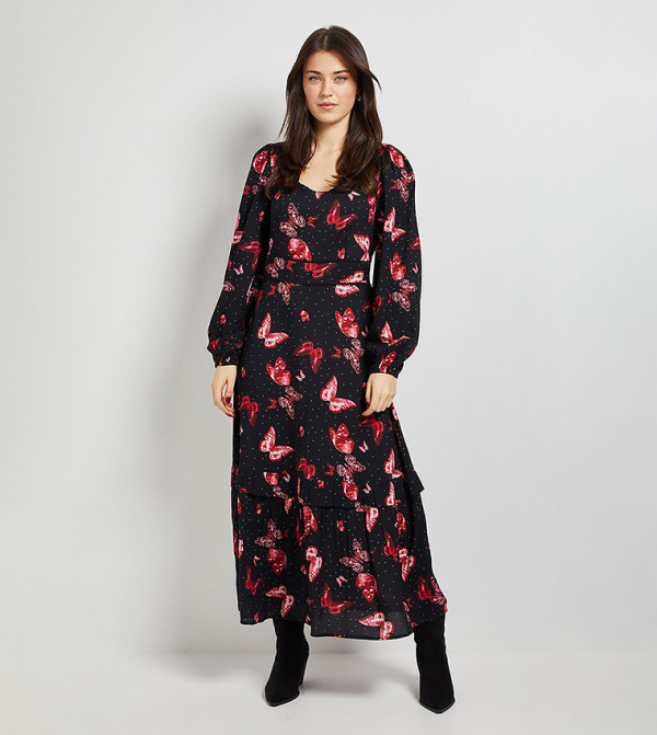 Butterfly Print Sweetheart Neck Frill Tier Detail Maxi Dress