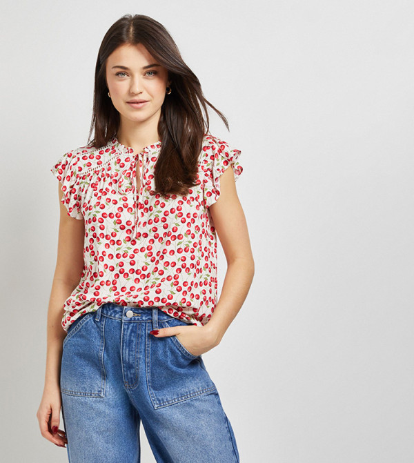 Printed Lace Trim Tie Front Top