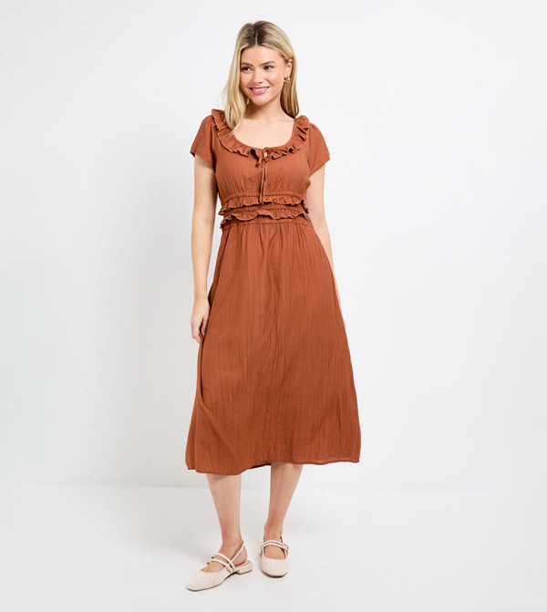 Frill Scoop Neck Shirred Waist Midi Dress
