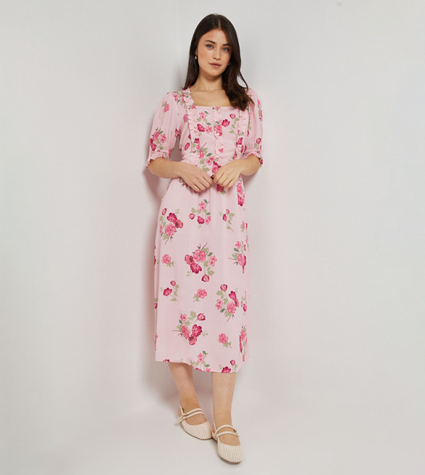 Printed Square Neck Frill Detail Puff Sleeves Midi Dress