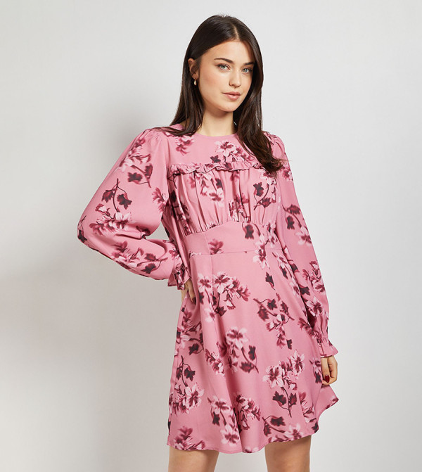 Printed Gathered Bodice Lace Back Long Sleeves Mini Dress