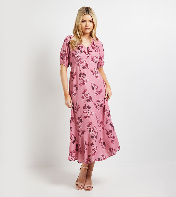 Printed Frill Neck Puff Sleeves Maxi Dress