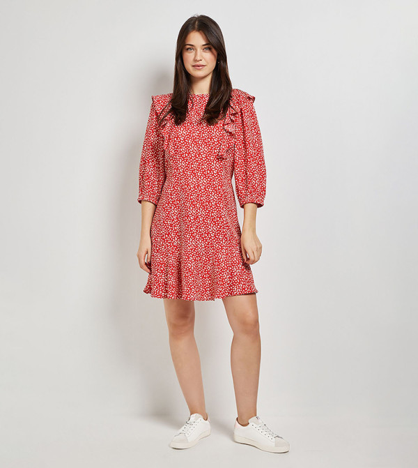 Printed Lace Trim Tie Back Printed Mini Dress