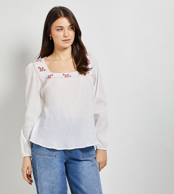 Embroidered Detail Long Sleeves Top