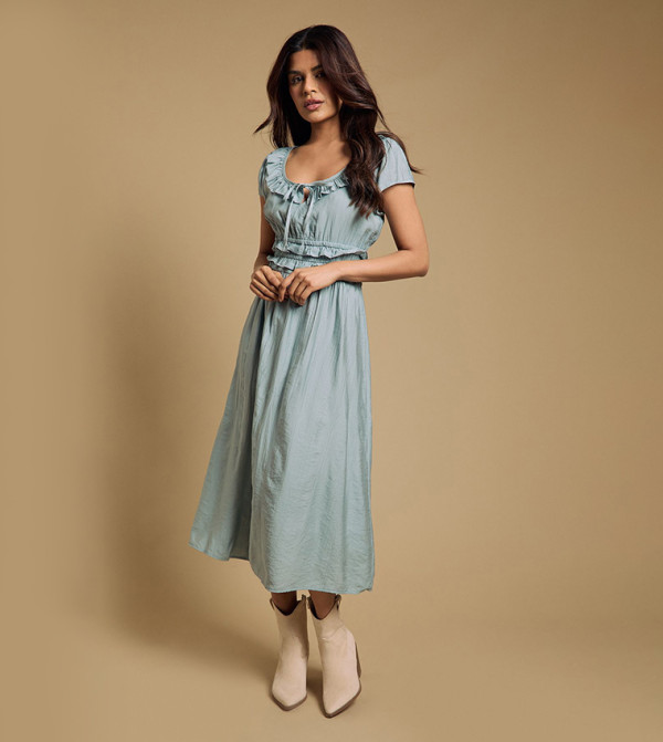 Petite Frill Scoop Neck Shirred Waist Midi Dress