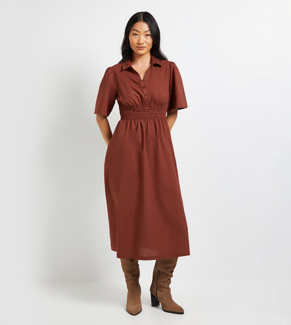 Petite Collar Shirred Waist Detail Poplin Midi Dress