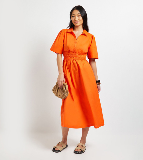 Petite Collar Shirred Waist Detail Poplin Midi Dress