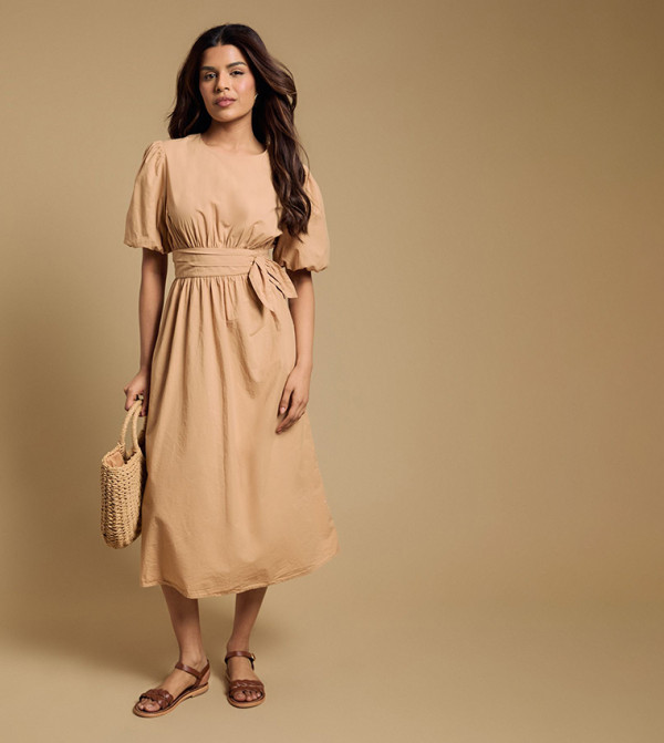 Petite Bow Waist Detail Puff Sleeves Midi Dress