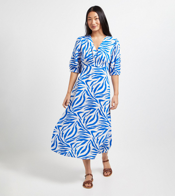 Petite Shirred Empire Seam Puff Sleeves Midi Dress