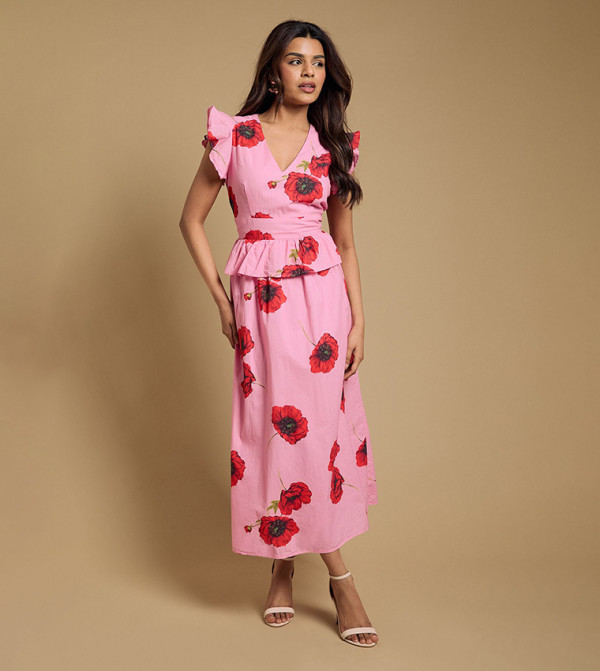 Petite Printed Dp Luxe Peplum Frill Detail V-Neck Maxi Dress
