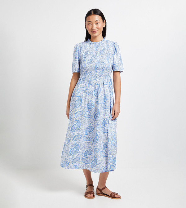 Petite Paisley Print Shirred Bodice Drop Waist Midi Dress