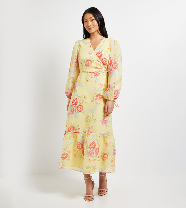 Petite Printed Wrap Detail Blouson Sleeves Maxi Dress
