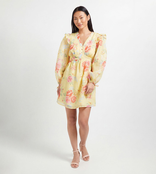 Petite Printed Frill Detail Blouson Sleeves Mini Dress