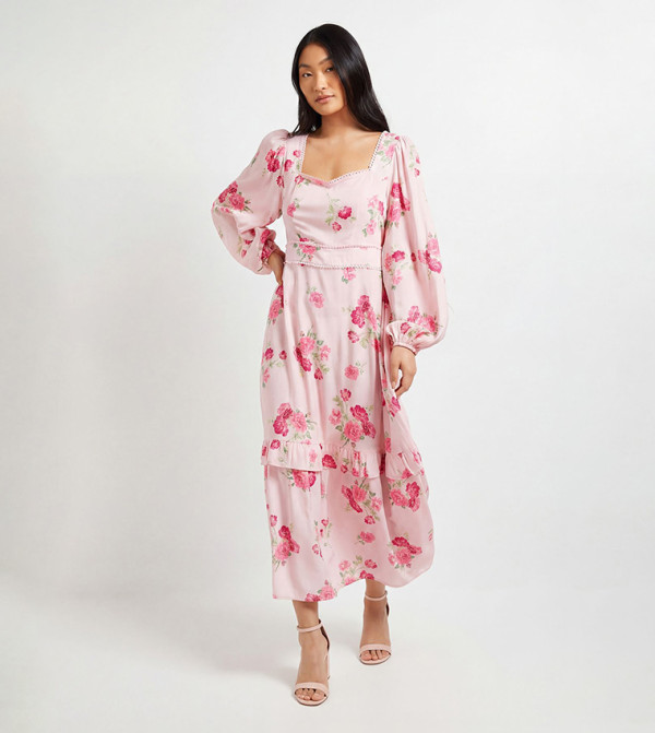 Petite Printed Sweetheart Neck Frill Tier Detail Maxi Dress