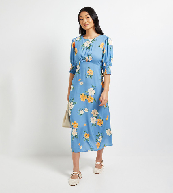 Petite Printed Shirred Cuff Midi Dress