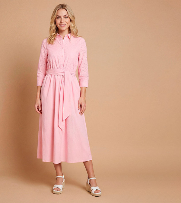 Contrast Broderie Belted Shirt Midi Dress