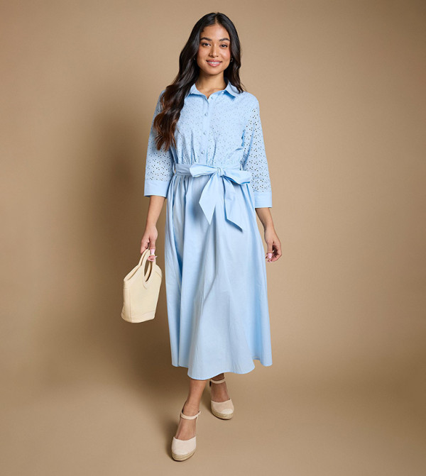 Petite Contrast Broderie Belted Shirt Midi Dress