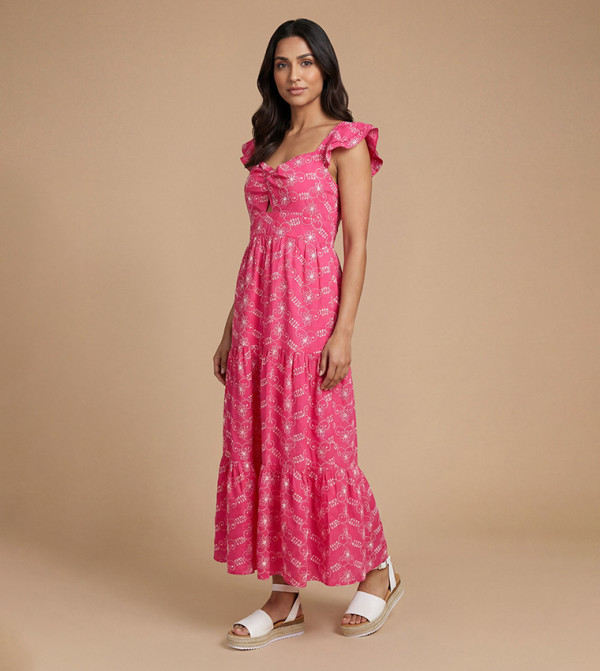 Petite Twist Front Tiered Detail Embroidered Maxi Dress