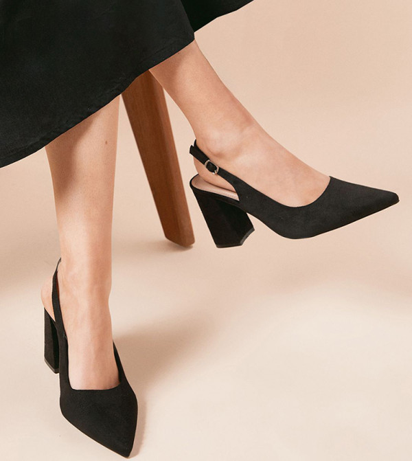 Wide Fit Ellens Faux Suede Pointed Toe Block Heel Slingback Pumps