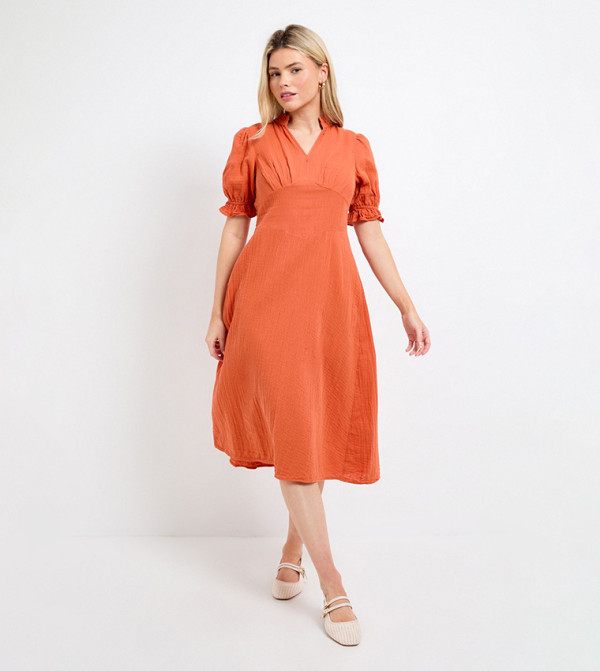Petite Orange Lace Trim V-Neck Puff Sleeves Midi Dress