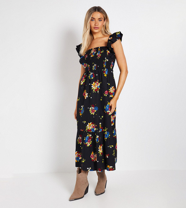 Floral Shirred Bodice Frill Sleeves Tiered Hem Printed Poplin Maxi Dress