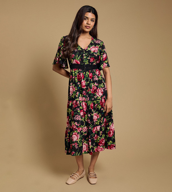 Petite Floral Print Lace Trim Button Detail Printed Midi Dress