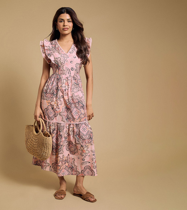 Petite Printed Lace Trim V-Neck Poplin Midi Dress