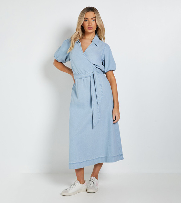 Volume Sleeves Wrap Midi Denim Dress