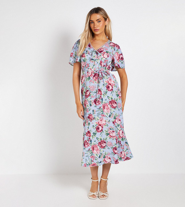 Printed Lace Trim Angel Sleeves Midi Dress
