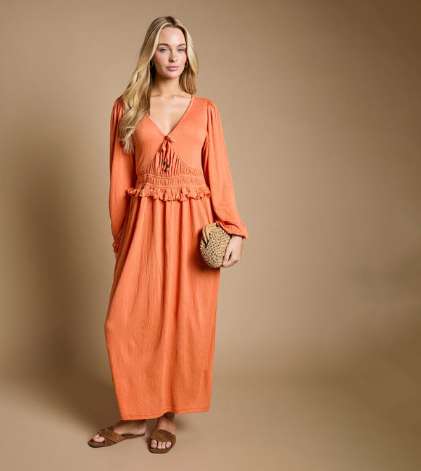 V-Neck Shirred Waist Long Sleeves Jersey Maxi Dress