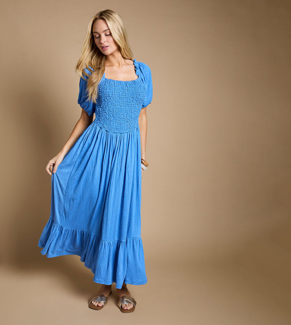 dorothy perkins blue dress Dorothy Perkins Women's Blue Floral Frill Neckline Button Front Tiered Midaxi Dress | Size: 10
