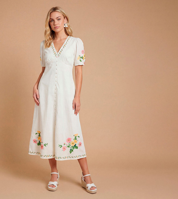 Placement Print Button Down Floral Midi Dress