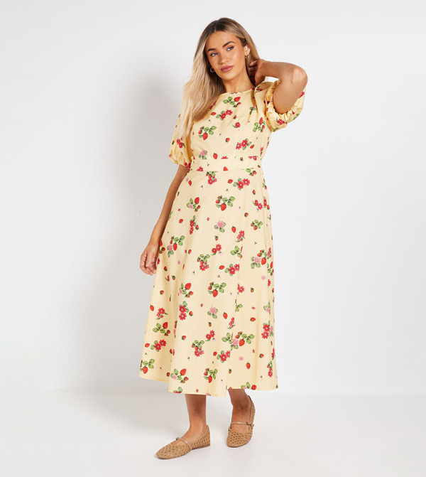 Puff Sleeves Princess Seam Poplin Midi Dress