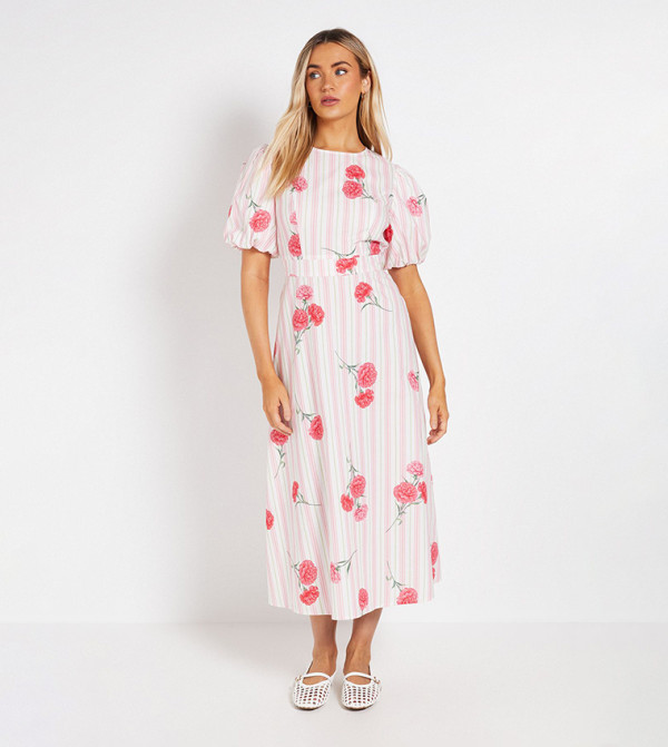 Puff Sleeves Princess Seam Poplin Midi Dress