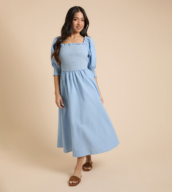 Petite Contrast Stitch Shirred Bodice Puff Sleeves Midi Dress