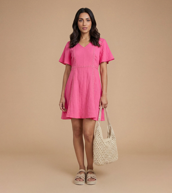 Petite Lace Trim Short Sleeves Mini Dress
