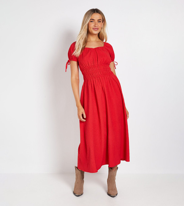 Tie Cap Sleeves Elasticated Channel Waist Midi Dress