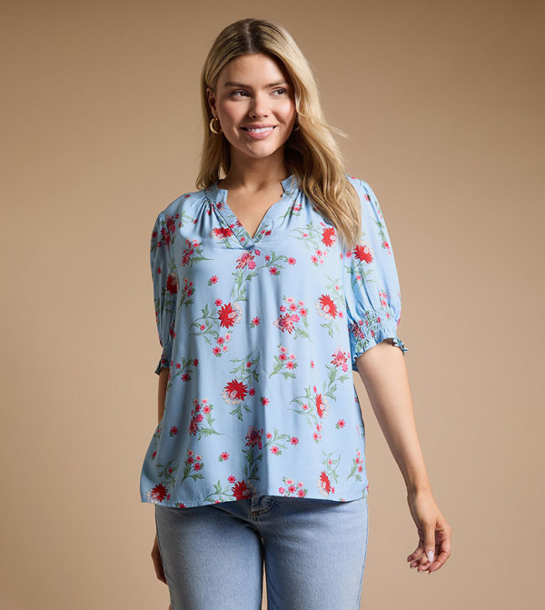 Floral Printed Puff Sleeves Overhead Top