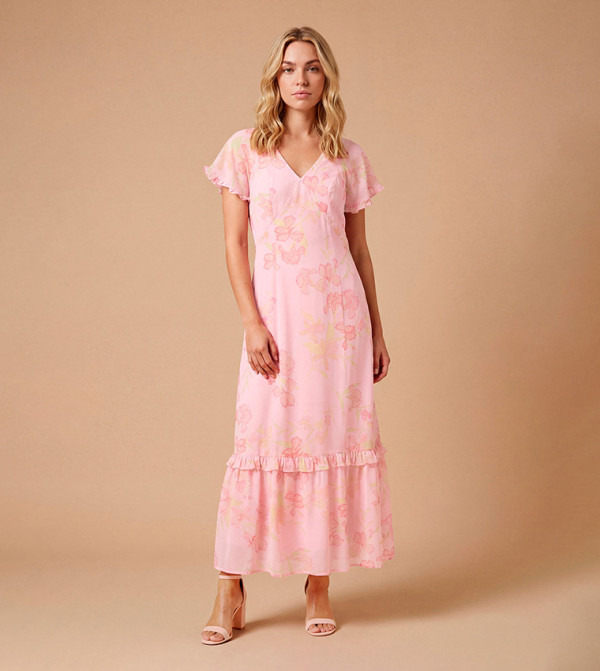 Dp Luxe Printed Flutter Raglan Sleeves Midi Dress