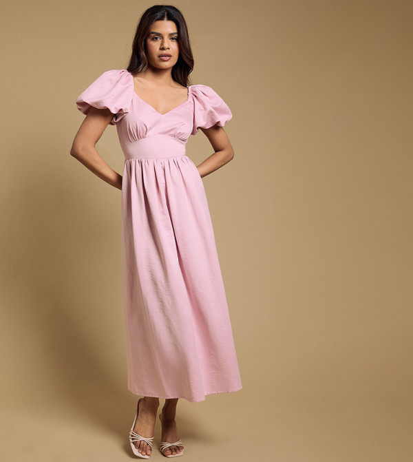Petite Bubble Sleeves Waistband Midi Dress