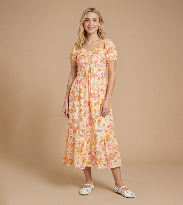 Tie Front Puff Sleeves Printed Midi Dress
