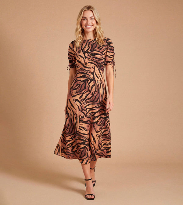 Gathered Sleeves Empire Seam Midi Dress