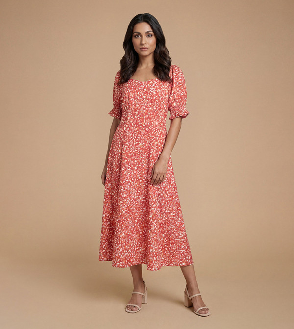 Printed Sweetheart Neck Puff Sleeves Midi Dress